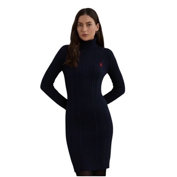 NWT Polo Ralph Lauren Navy Womens Large Cable-Knit Wool & Cashmere Sweater Dress